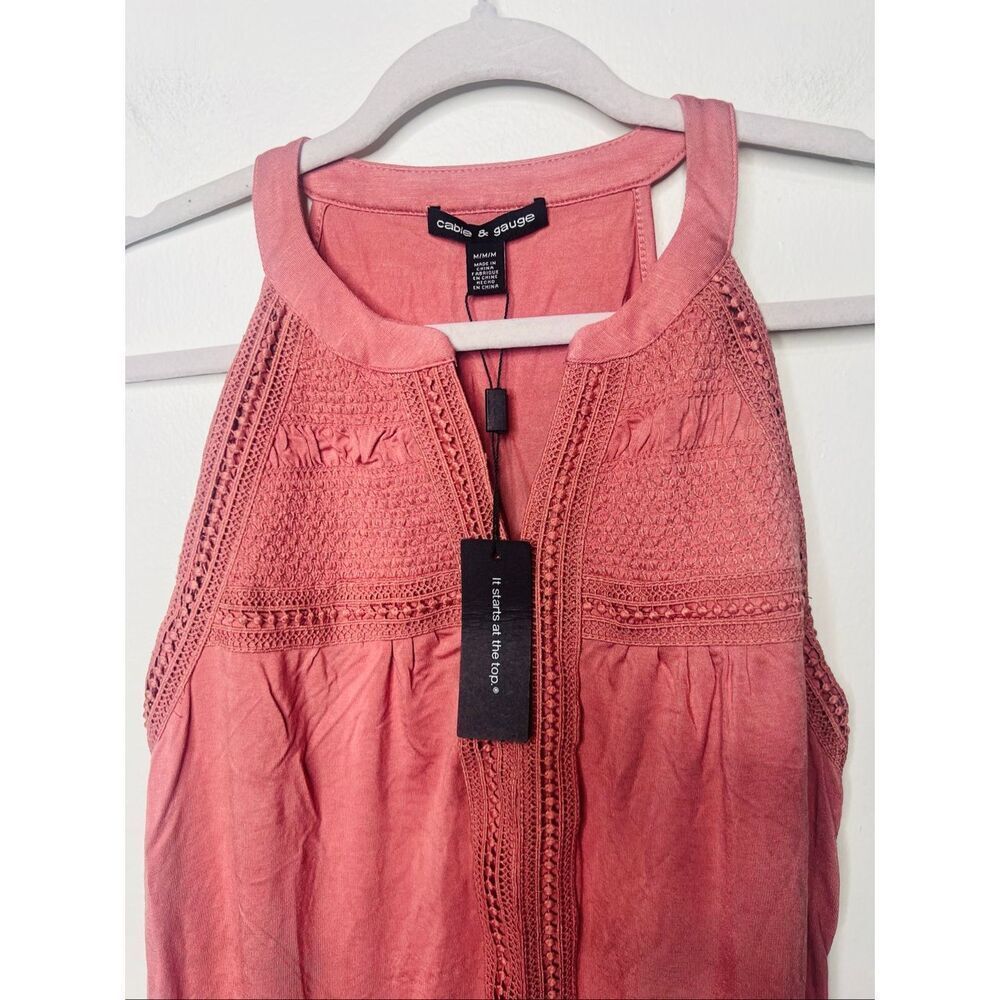 Cable & Gauge Muted Pink Mauve Tank Top High Neck Embroidered Yoke NWT Sz M - Picture 3 of 9